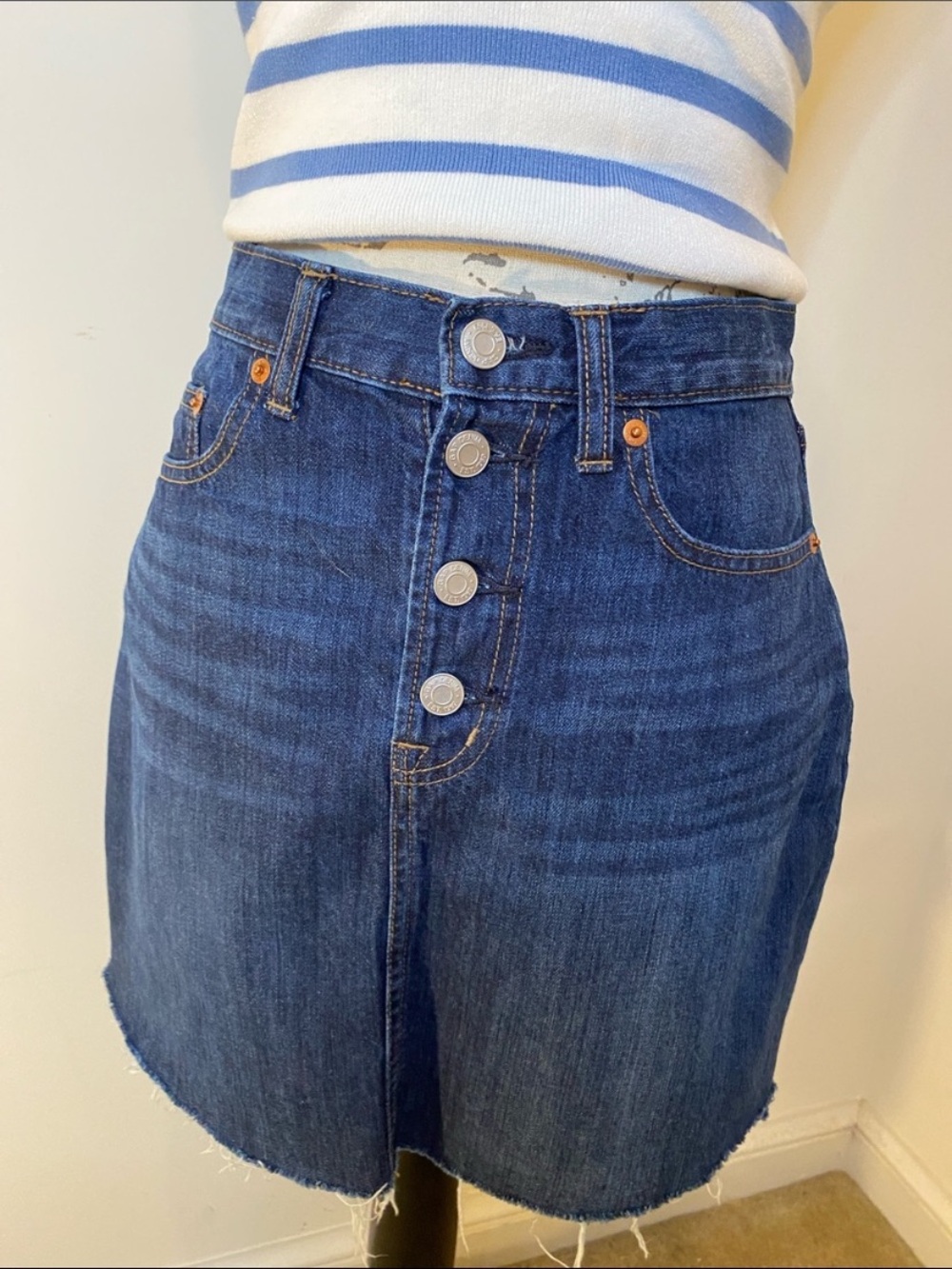 High-Rise Dark Blue Button-Front Denim Skirt